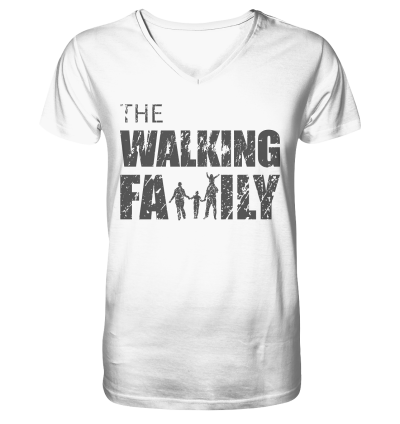 Mens Organic V-Neck Shirt - The Walking Family - FAMILY3-D - White S front dark